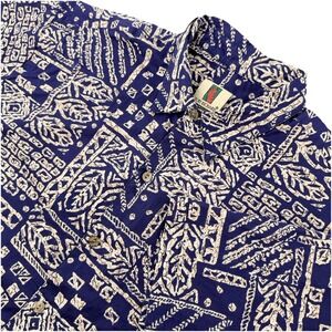 Tori Richard Hawaiian Shirt Mens XL Blue Tapa Print Cotton Lawn Button Front